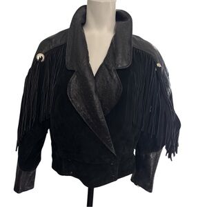 Vintage 80s Phoenix Black Suede Leather Western Biker Fringe Jacket Crop S/M